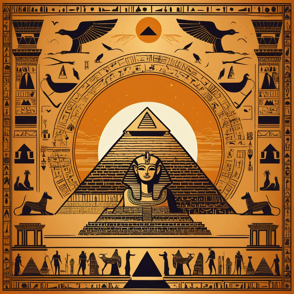 Create a background surrounded by hieroglyphics and beauty symbols, include silhouettes of pyramids and temples, with a mystical atmosphere that evokes the spirituality of Ancient Egypt