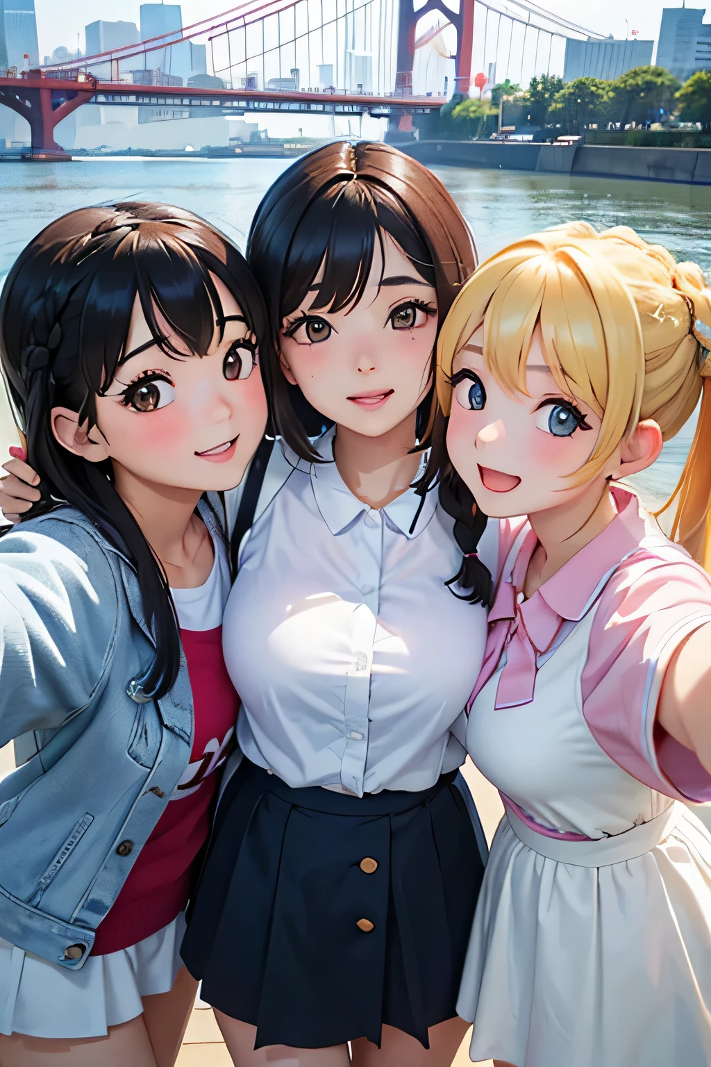 Highest quality、High resolution、Detailed Background、(Beautiful face in every detail:1.4)、Detailed facial expressions、Anatomically correct、(Detailed eyes:1.2)、Teenage beauty、(Huge breasts:1.2)、cute hair color、Braided Ponytail、Braided bob cut、Braided twin tails、Perfect body line、
cute gesture、Innocent joy、A fun atmosphere、In a joking manner、
(Three beautiful girls having fun taking a selfie together with their friends:1.5)、
Odaiba Seaside Park is a park by the sea where you can take selfies with the Rainbow Bridge and Tokyo Tower in the background.、
You can take selfies at Sensoji Temple's Kaminarimon Gate and Nakamise Street in a traditional Japanese atmosphere.、
Omotesando is lined with stylish cafes and shops, so you can take selfies with the streetscape in the background.、cute