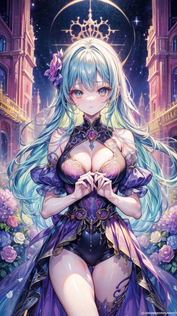 ((top-quality、8k、masterpiece:1.3)),high-level image quality、最high-level image quality、top-quality、hiquality、slenderbody、Beautiful feceボディーライン、Beautiful face adult women、Colossal 、Sexy style、Insist cleavage、Boob emphasis、Ultra-detail、Beautiful and aesthetic、Beautiful fece、masterpiece、Show off your cleavage)、garterbelts、Beautiful face women, (medium length yellow hair),、Lovely smile, (Warm colors), moist, moist, Reflectors, (masutepiece) 、(Best Quality) (Detailed) , (8k) (Studio Lighting) (Convoluted) , ((Flower arch so magical and dreamy)), opulent, ethereal fairy tale, Rich pastel color palette, Ethereal dreamy theme, dreamy and detailed, The setting of a fairy tale:, (((building with many flowers)))、anime fantasy artwork, anime fantasy illustration, Beautiful feceアートワークのイラスト, Beautiful feceアニメアートwork, elaborate digital art, Convoluted gorgeous anime CGI style, anime art nouveau cosmic display, Beautiful feceアニメアート, Beautiful face digital artwork, Beautiful feceファンタジーアニメ, Detailed anime artwork, Detailed Digital Anime Art, dreamy psychedelic anime、Beautiful fece performance、Beautiful breasts、A detailed eye、Clearly eye-catching, beautiful and alluring、Beautiful fece目、Narrow waist、Beautiful fece白い肌、red rip、((Flower decoration all over long hair))、(Perfect female body:1.4)、(sexy underwear、garterbelts、Enamel Bondage Costume)