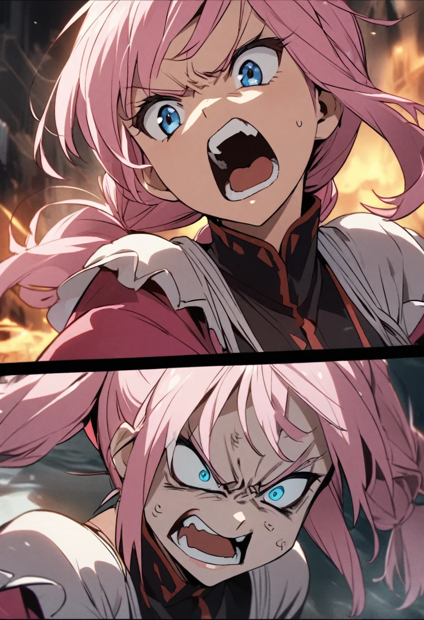 A scene from a movie、Showing teeth、Yes、Get angry、Upper Body、Girl with pink hair、blue eyes、Twin Drill