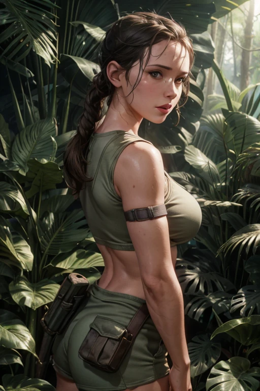 1girl, alone, (Lara Croft), Digital art, Jennifer Love Hewitt as Lara Croft, Tanktop,booty shorts, in the jungle, cleavage, midriff, Detailed clothes, masterpiece, symmetrical, excited face, big breasts, medium thigh medium waist, wide hips, Jungle, rain forest, jungle adventure, front View, Bokeh, 4K Masterpiece, HDR