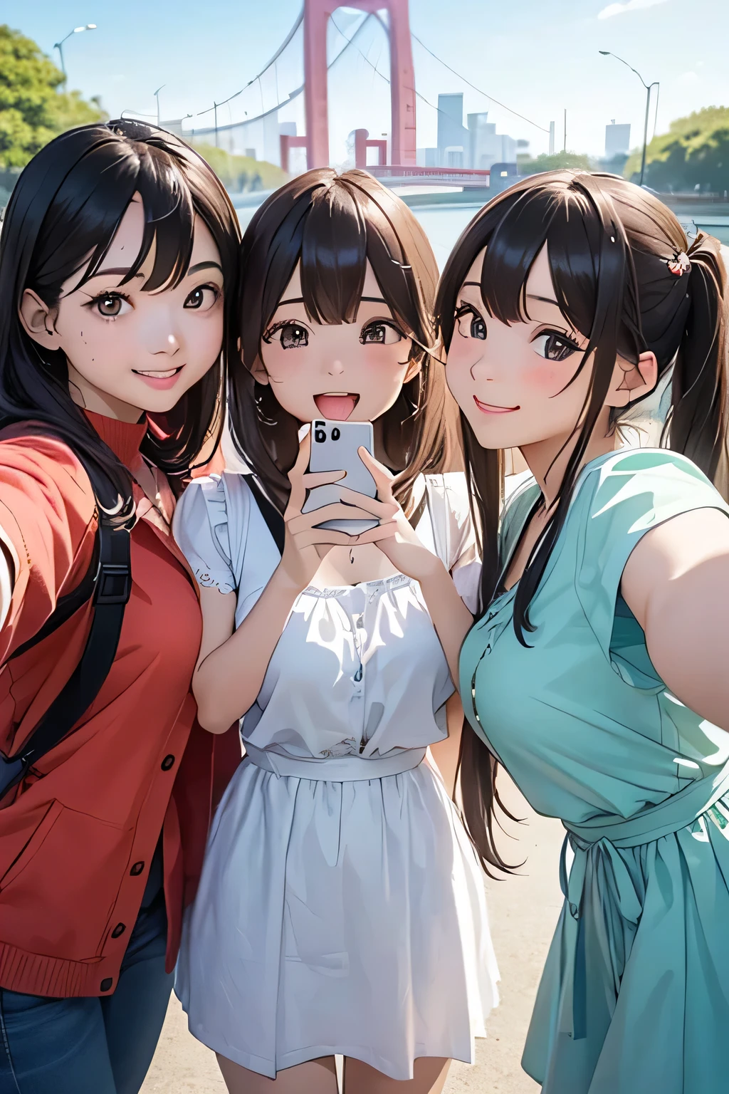 Highest quality、High resolution、Detailed Background、(Beautiful face in every detail:1.4)、Detailed facial expressions、Anatomically correct、(Detailed eyes:1.2)、Teenage beauty、(Huge breasts:1.2)、cute hair color、Braided Ponytail、Braided bob cut、Braided twin tails、Perfect body line、
cute gesture、Innocent joy、A fun atmosphere、In a joking manner、

(Three beautiful girls having fun taking a selfie together with their friends:1.5)、

Odaiba Seaside Park is a park by the sea where you can take selfies with the Rainbow Bridge and Tokyo Tower in the background.、
You can take selfies at Sensoji Temple&#39;s Kaminarimon Gate and Nakamise Street in a traditional Japanese atmosphere.、
Omotesando is lined with stylish cafes and shops, so you can take selfies with the streetscape in the background.、cute