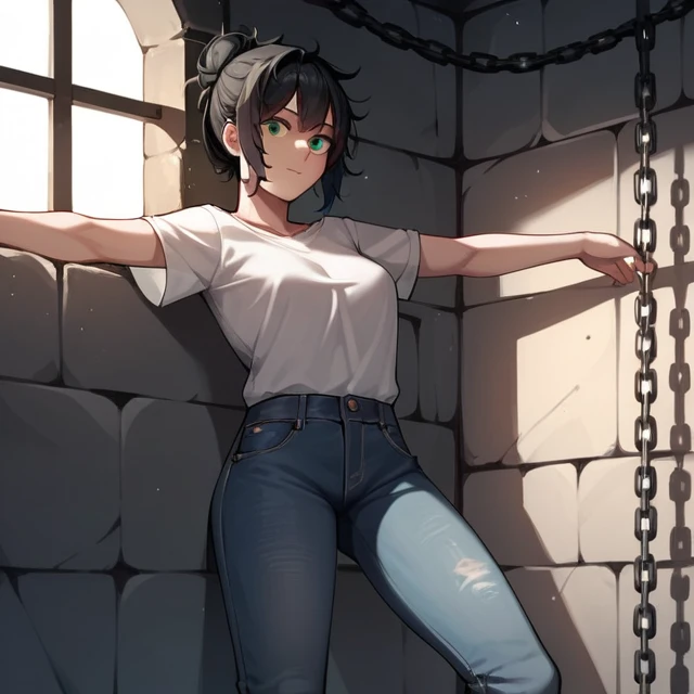 score_9, score_8_up, score_7_up, score_6_up, score_5_up, score_4_up, source_anime, 1girl, black hair, hair bun, green eyes, w-w-chain, spread arms, messy hair, white shirt, jeans pants, dungeon, best quality, best res, 4K UHD,
 