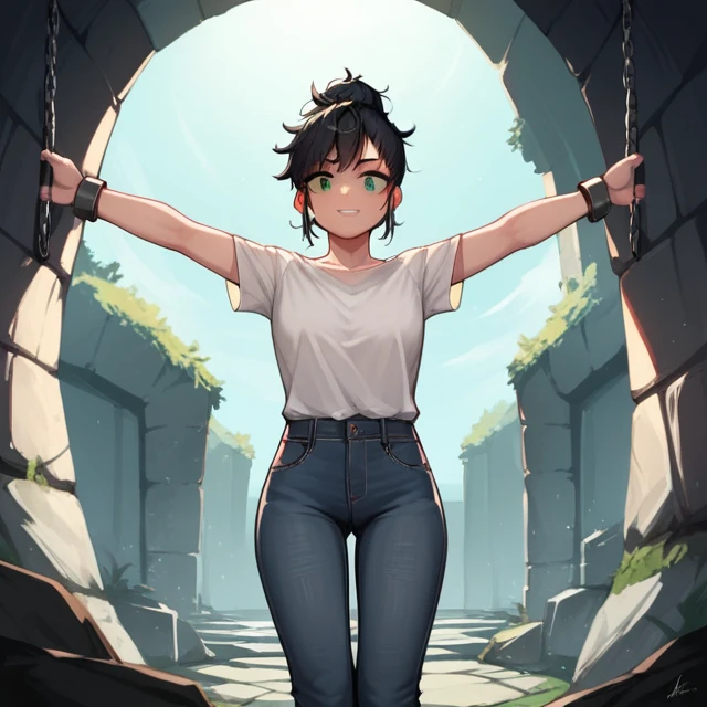 score_9, score_8_up, score_7_up, score_6_up, score_5_up, score_4_up, source_anime, 1girl, black hair, hair bun, green eyes, w-w-chain, spread arms, messy hair, white shirt, jeans pants, dungeon, best quality, best res, 4K UHD,
 