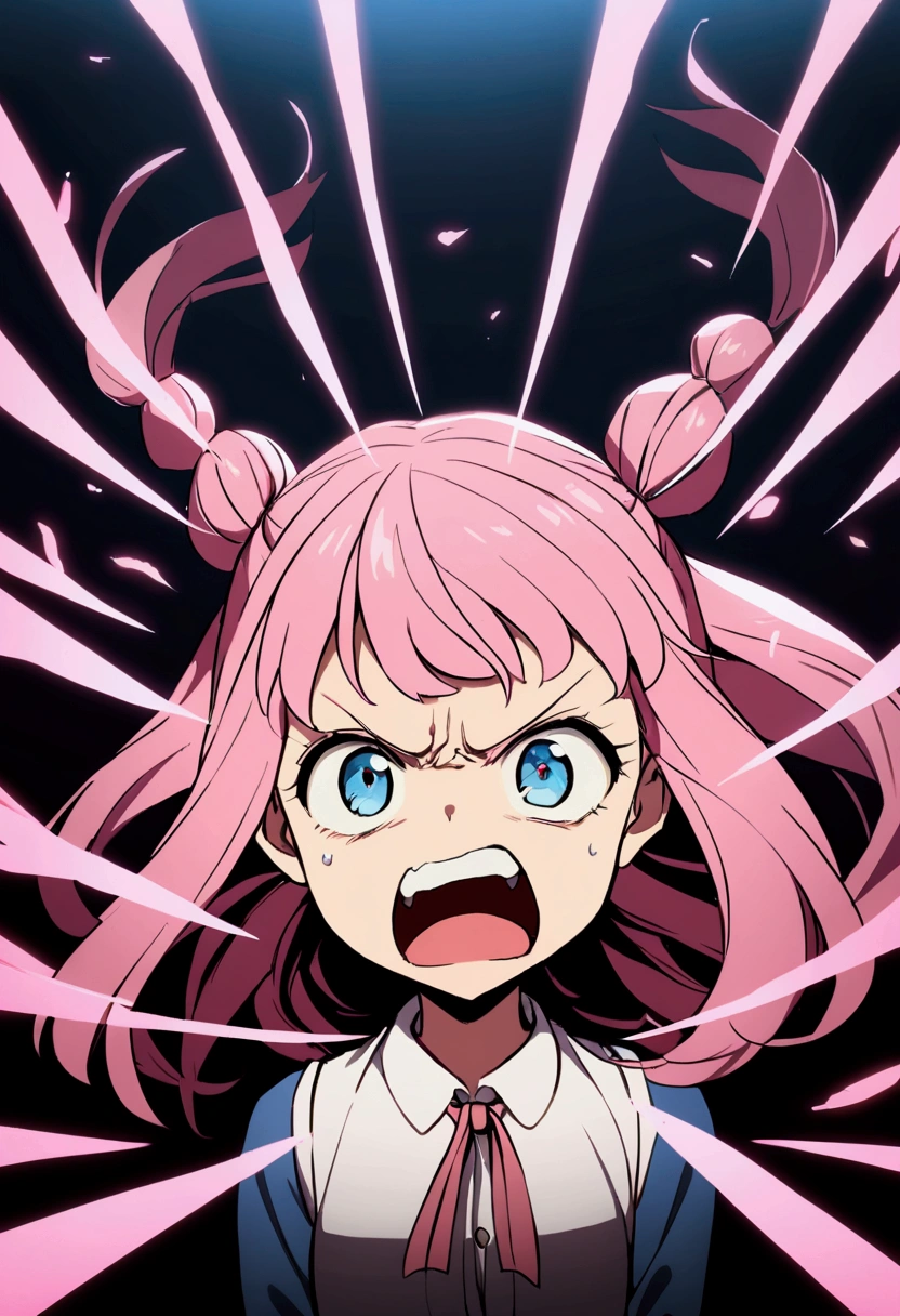 A scene from a movie、Showing teeth、Get angry、Upper Body、Girl with pink hair、blue eyes、Twin Drill