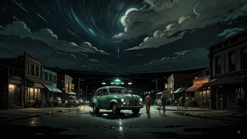 Multiple small alien beings explore a 1950s American street at night. These extraterrestrials have oversized, bulbous heads, enormous black almond-shaped eyes, thin gray skin, and spindly limbs. They're holding strange, glowing alien devices that emit eerie light. The aliens are examining various 1950s era objects with curiosity. The scene is set against a backdrop of old-fashioned buildings with neon signs, and an abandoned vintage car nearby. A dramatic night sky with swirling clouds looms above. The image should be hyper-realistic, with vibrant colors, high contrast, and cinematic lighting. Render in ultra-detailed 8k resolution, focusing on the aliens' otherworldly appearance and their interaction with the 1950s environment.
