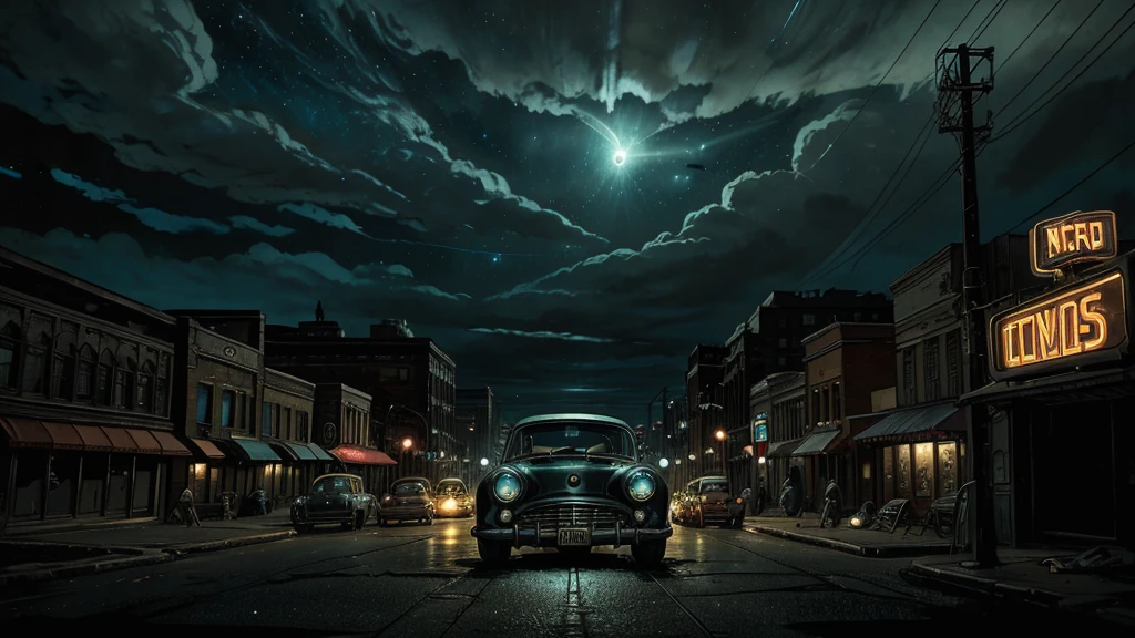 Multiple small alien beings explore a 1950s American street at night. These extraterrestrials have oversized, bulbous heads, enormous black almond-shaped eyes, thin gray skin, and spindly limbs. They're holding strange, glowing alien devices that emit eerie light. The aliens are examining various 1950s era objects with curiosity. The scene is set against a backdrop of old-fashioned buildings with neon signs, and an abandoned vintage car nearby. A dramatic night sky with swirling clouds looms above. The image should be hyper-realistic, with vibrant colors, high contrast, and cinematic lighting. Render in ultra-detailed 8k resolution, focusing on the aliens' otherworldly appearance and their interaction with the 1950s environment.