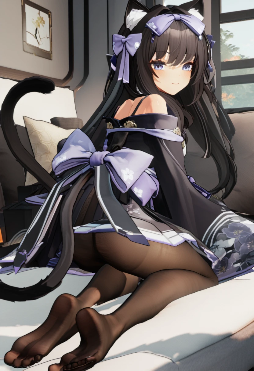 arashio \(azur lane\), japanese clothes, pantyhose, 3d style, sitting on couch, on knees, feet, looking back, bubble butt, window, (visible feet), feet focus, (masterpiece), good proportions, cute face, cat tail