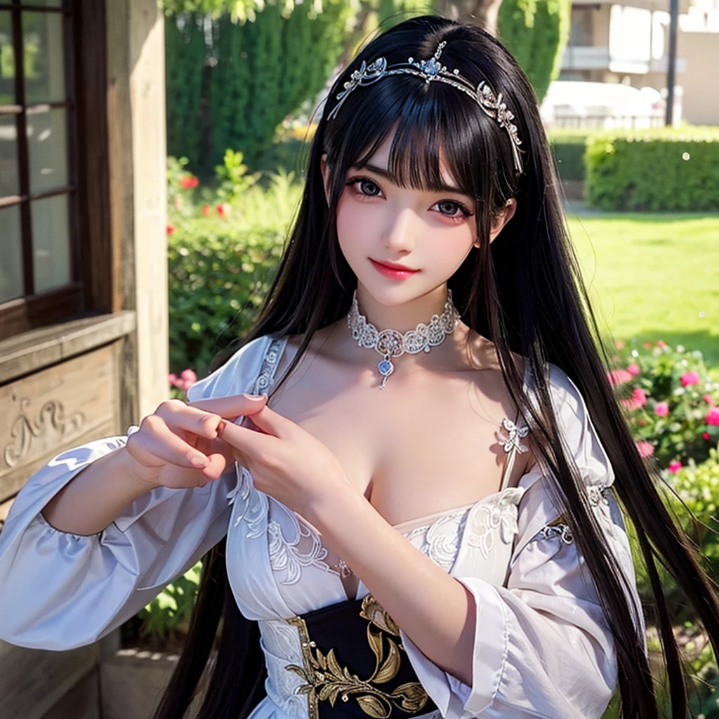 18 year old beautiful girl, Big eyes, Large Breasts, Small and slim, 8k, Highest quality, (Highly detailed head: 1.0), (Highly detailed face: 1.0), (Very fine hair: 1.0), Maid clothes, Highly detailed official artwork, smile, Black Hair,sleek long hair,One girl, High resolution, Gaze,