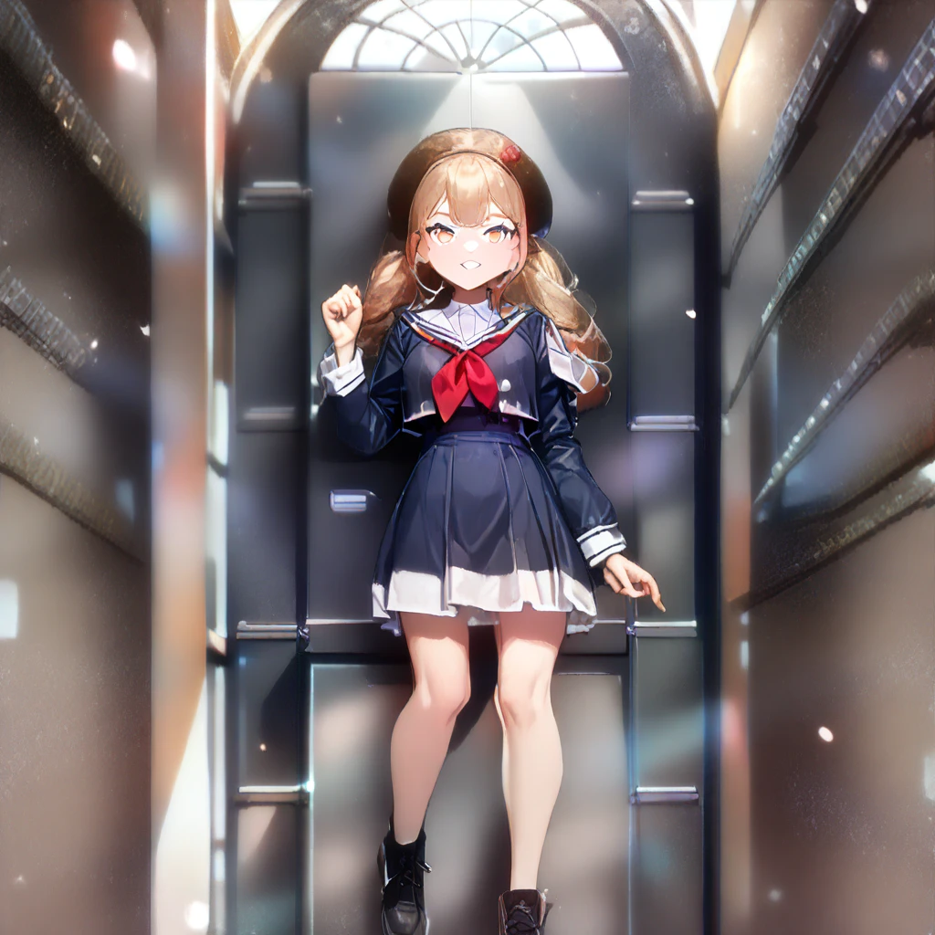 1 girl,Solo,light brown hair,impossible,sailor,big breast,sailor skirt,masterpiece,best quality,very aesthetic,absurdres,bright red,looking at viewer,(Navy Blue:1.5),schoolhat