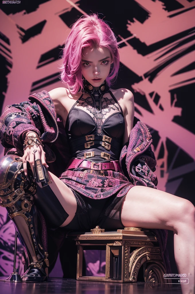 ( High quality , Ultra-detail, carefully with your hand )tarot card, chiaroscuro technique on sensual illustration of an queen of sword, a teenage fashion model wearing an exo-skeleton mask, vibrant colors, futuristic cyberpunk style, intricate details, cinematic lighting, dramatic pose, an elegant complex bio mechanical onyx and gold, intricate details, official art, unity 8k wallpaper, ultra detailed, beautiful and aesthetic, (in a room with black walls illuminated by violet neon lights :1.1)