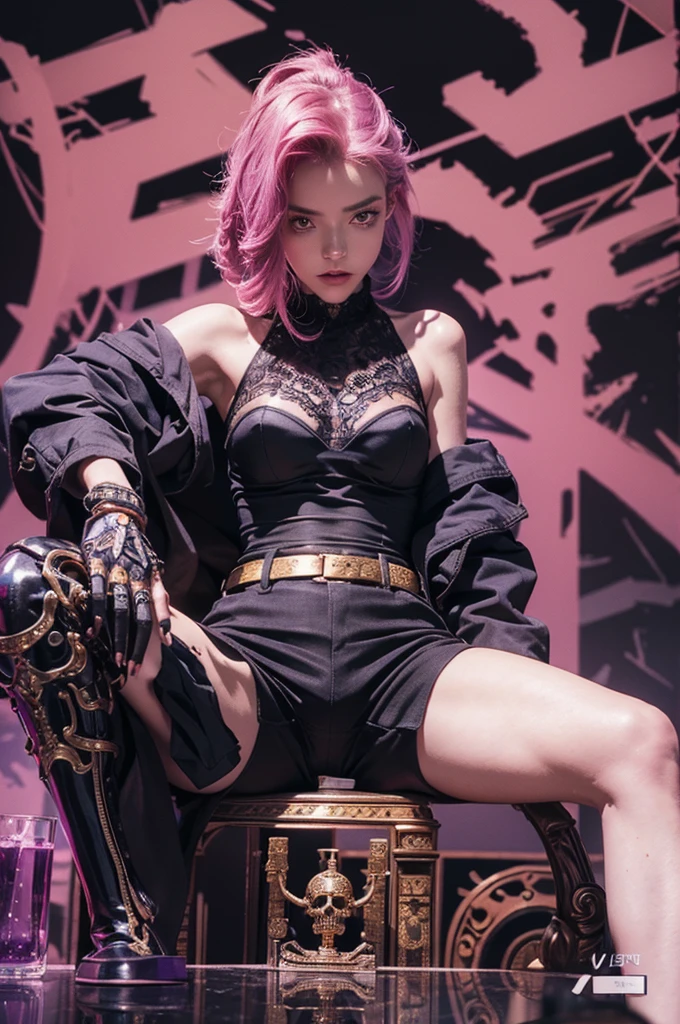 ( High quality , Ultra-detail, carefully with your hand )tarot card, chiaroscuro technique on sensual illustration of an queen of sword, a age fashion model wearing an exo-skeleton mask, vibrant colors, futuristic cyberpunk style, intricate details, cinematic lighting, dramatic pose, an elegant complex bio mechanical onyx and gold, intricate details, official art, unity 8k wallpaper, ultra detailed, beautiful and aesthetic, (in a room with black walls illuminated by violet neon lights :1.1)