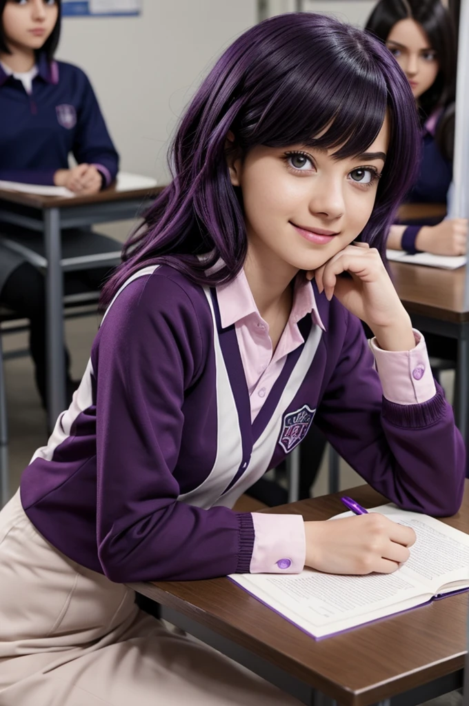 Screenshot of My Hero Academia.
Girl with waist-length dark purple hair Big and thin dark purple eyes Thin pale pink lips with a small smile She is wearing the UA uniform and in the background she has a UA school class and she is sitting in a table 
