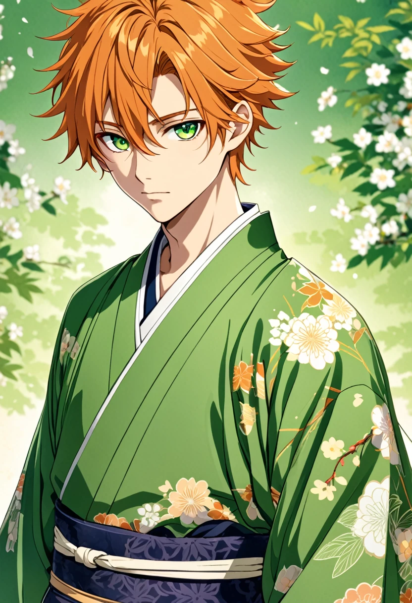 Anime young man, orange messy hair, fringe reparted in three parts, light and bright green eyes, vintage royal Japanese clothes, slim body