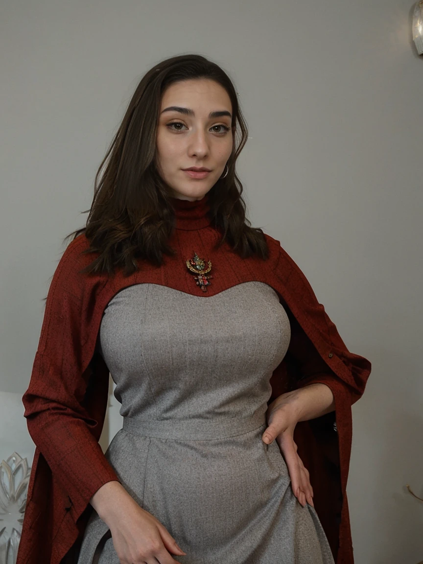 Beautiful and regal, imperious and aloof, busty athletic (thin) brunette queen with sharp facial features wearing a modest updo, dark red medieval dress, long sleeves, intricate patterns, scrollwork, wide neck, crown, veil, long dress, modest dress, tight bodice, (silver waist chain), medieval jewelry, Middle Ages, castle, rampart, wall, stained glass