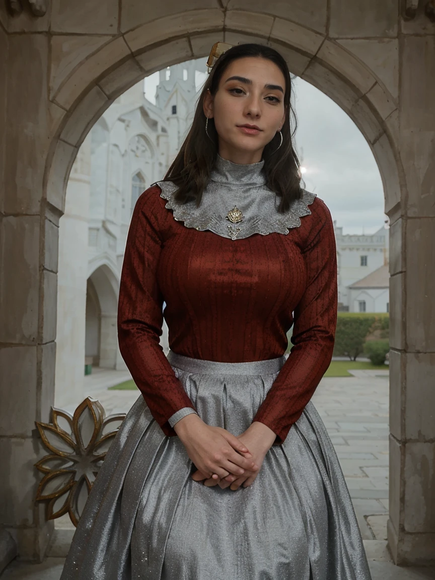 Beautiful and regal, imperious and aloof, busty athletic (thin) brunette queen with sharp facial features wearing a modest updo, dark red medieval dress, long sleeves, intricate patterns, scrollwork, wide neck, crown, veil, long dress, modest dress, tight bodice, (silver waist chain), medieval jewelry, Middle Ages, castle, rampart, wall, stained glass