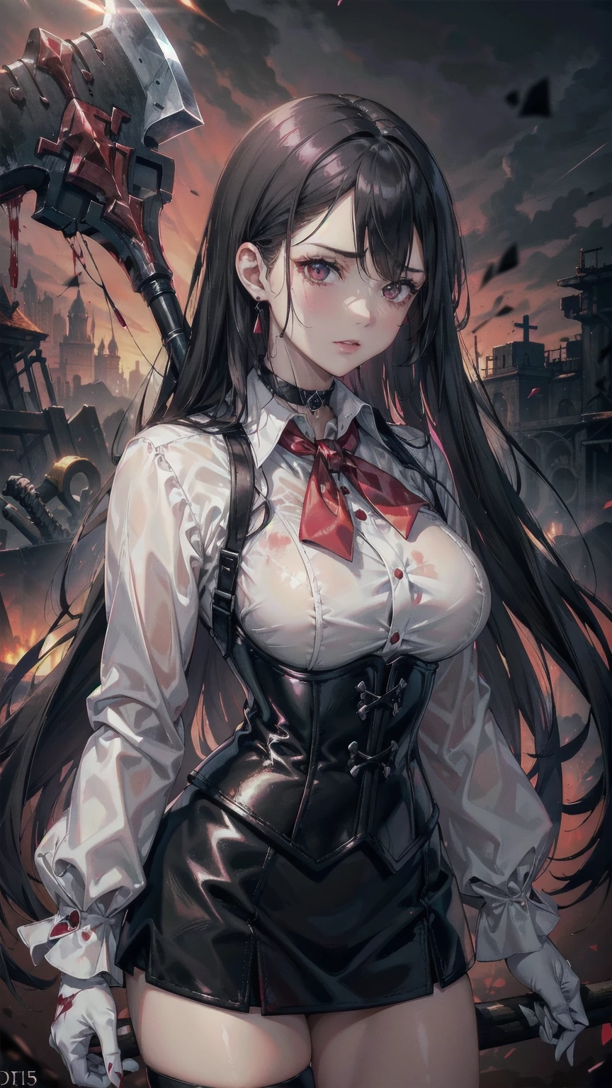 ((blood droplets)), ((blood)), ((blood splatter)), ((blood on clothes)) ((blood stain)), masterpiece, Superior image quality, High resolution, 4k image,photo and gross, photorealistic, whole body, distant view, 1 young man of , {{{vagina}}}, big breasts, beautiful face, long black hair, black eyes, very detailed eyes, pink cheeks, serious expression, choker:1.6, (white collar button down long sleeve shirt), black gloves, gloves that cover hands, (holding an ax in the right hand), (black leather corset), (shiny black miniskirt), Sensual Lips, show details in the eyes, View from the front, looking at the viewer, standing in a dark room, at night, crimson sky,