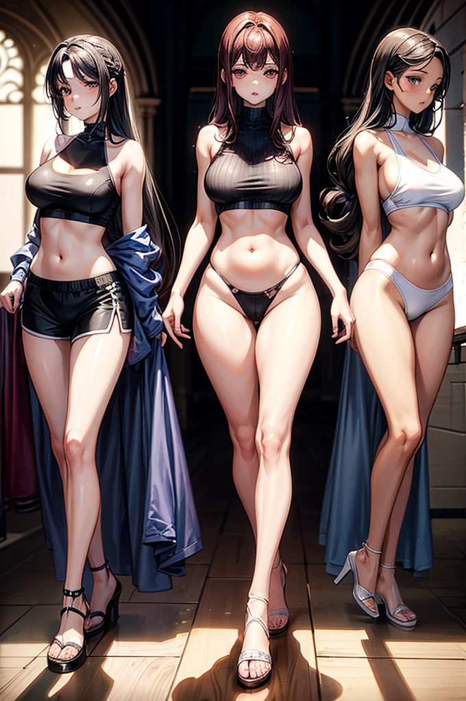 masterpiece, super detailed, precision art, beautiful young woman, , halter neck modest sports bra, modest gym shorts that cover the thighs, oval shaped face, lightly tanned white skin, beautiful and dreary velvet colored eyes, thick and plump cherry red lips, slender and slim body with amole curves for her frame, long slender legs, ankle-length sandals,