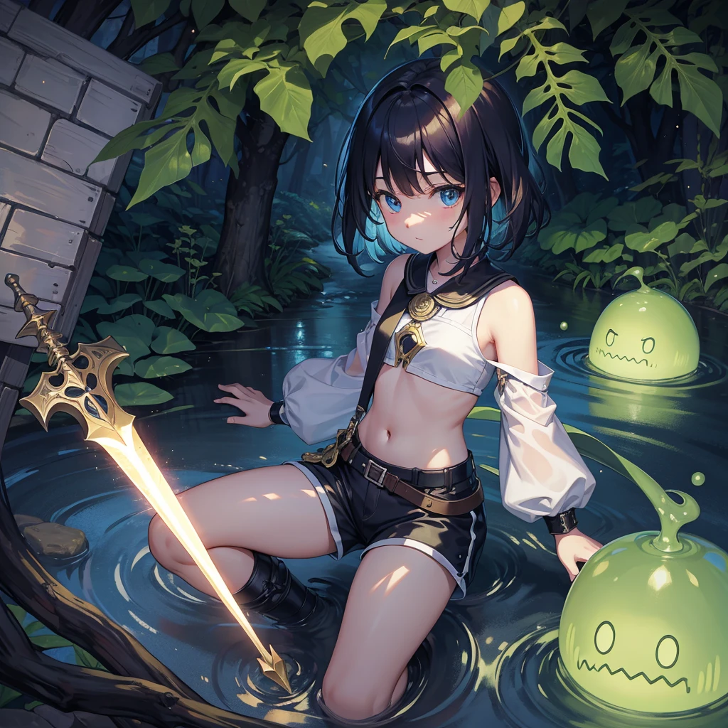 最high quality、high quality、Simple cloth clothing、10Year old girl adventurer、Climb the maze stairs、Shorts、Equipped with a dagger and a shield、In a dark maze、The body is being swallowed by slime
