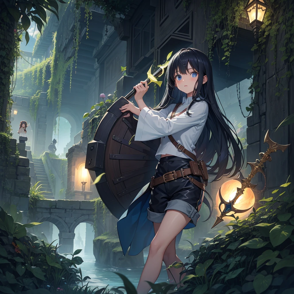 最high quality、high quality、Simple cloth clothing、10Year old girl adventurer、Climb the maze stairs、Shorts、Equipped with a dagger and a shield、In a dark maze、The body is being swallowed by slime