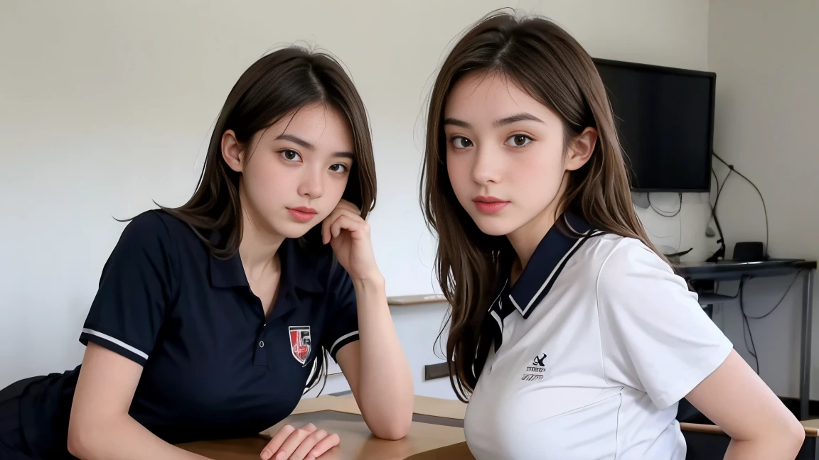 deux femmes ensemble de 18 ans sexy et mince , short sleeve uniform de sport, salle de classe, se touche,position sey,sensuel