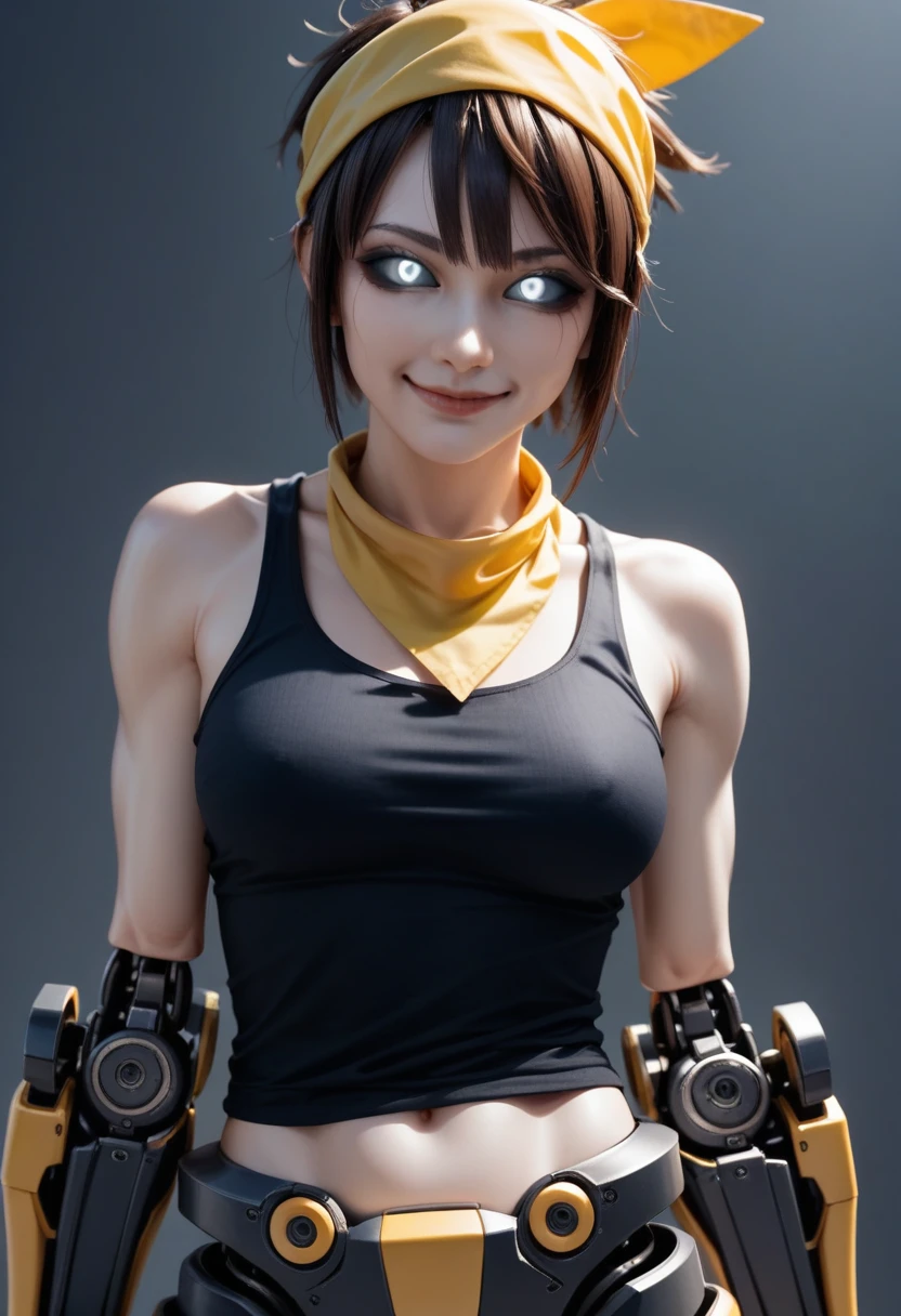 (celiaxl, 1girl, brown hair, grey eyes, dark punk clothes, black tank top, yellow bandana, portrait, Robot girl, Mecha, Android, mechanical limbs, robot joints, metal pale skin, black sclera, no mouth, glowing eyes, no face, smug face), score_9, score_8_up, score_7_up