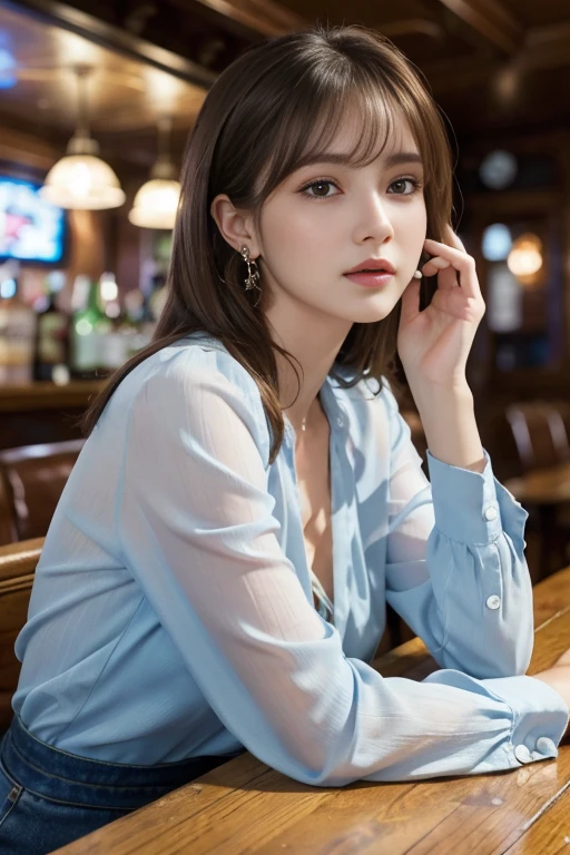 masterpiece, Highest quality, Realistic, Very detailed, Finer details, High resolution, 8k wallpaper, One beautiful woman, Wear a light blue see-through blouse, In a great pub, At night, Light brown messy hair, Perfect dynamic composition, Beautiful and beautiful eyes、Big earrings、Sitting in a chair、