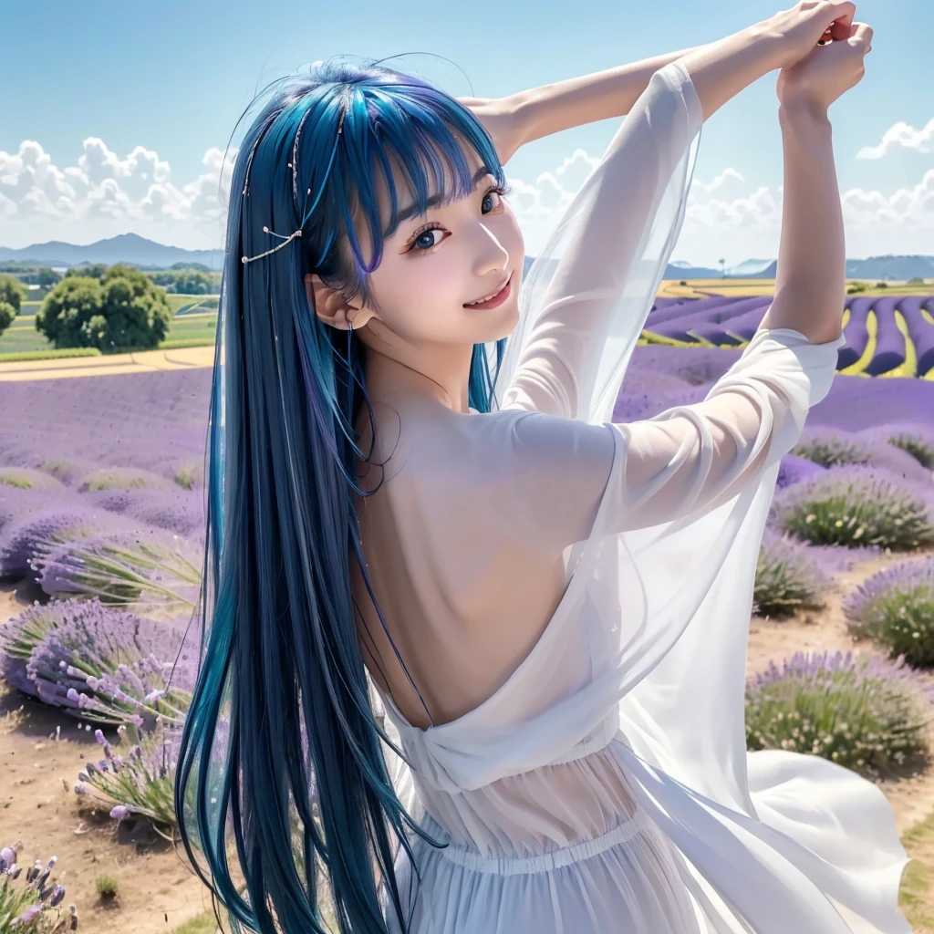 (Highest quality, 32K, High resolution, Masterpiece:1.5), marimo_jet, god々A photograph with brilliant dazzling and healing power., Evoking a sense of calm and elusive beauty, Expressing emotions, Have a rich imagination, Beautiful Japanese Girls, 1 person, An exceptionally beautiful face, ((Looking back:1.4)), Small Face Beauty, , Perfect Human Anatomy, Magical big eyes, Motherhood and generosity, Deep Love, fleeting smile, (shiny blue hair:1.2), Super long hair swaying in the wind, Asymmetrical bangs, Hair between the eyes, Transparent, soft white skin, Sharp eyebrows, Thin lashes, ((Natural Makeup:1.3)), White dress, High resolutionの完璧な鎖骨, High resolutionの美しい胸元, Slim figure with ample breasts, High resolutionの美しい太もも, ((Distant Horizon:1.5)), ((Lavender fields stretching to the horizon:1.3)), Beautiful detailed blue sky, Professional photographer, Professional Lighting, Professional models