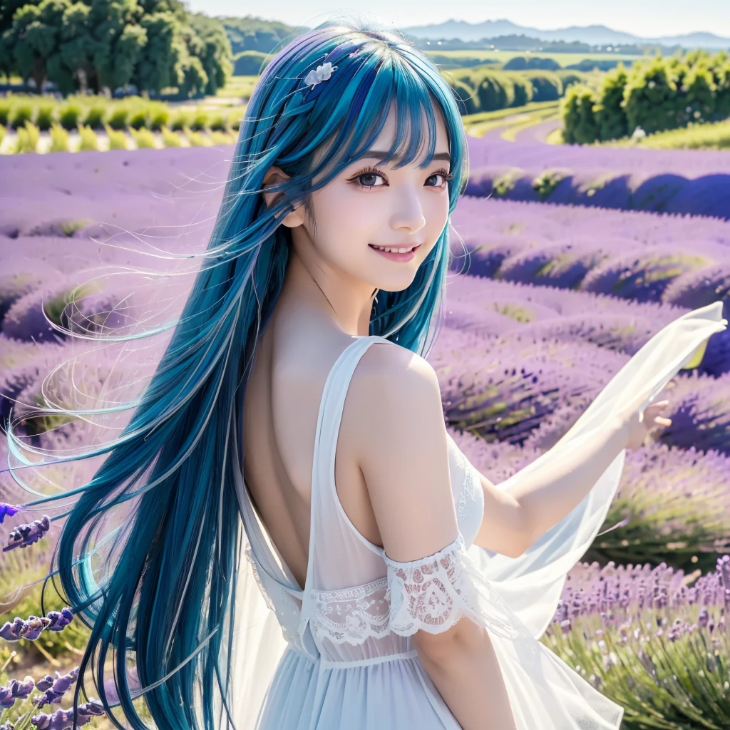 (Highest quality, 32K, High resolution, Masterpiece:1.5), marimo_jet, god々A photograph with brilliant dazzling and healing power., Evoking a sense of calm and elusive beauty, Expressing emotions, Have a rich imagination, Beautiful Japanese Girls, 1 person, An exceptionally beautiful face, ((Looking back:1.4)), Small Face Beauty, , Perfect Human Anatomy, Magical big eyes, Motherhood and generosity, Deep Love, fleeting smile, (shiny blue hair:1.2), Super long hair swaying in the wind, Asymmetrical bangs, Hair between the eyes, Transparent, soft white skin, Sharp eyebrows, Thin lashes, ((Natural Makeup:1.3)), White dress, High resolutionの完璧な鎖骨, High resolutionの美しい胸元, Slim figure with ample breasts, High resolutionの美しい太もも, ((Distant Horizon:1.5)), ((Lavender fields stretching to the horizon:1.3)), Beautiful detailed blue sky, Professional photographer, Professional Lighting, Professional models