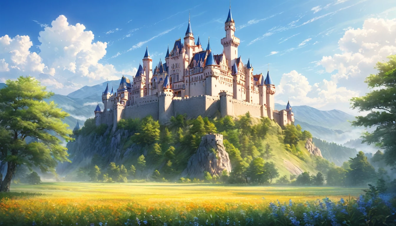 Western-style castle,nature,Summer sky,Blur the background,Highest quality, 8k, High resolution, masterpiece:1.2, Very detailed, Realistic:1.37, High resolution, 超High resolution, Ultra-fine painting, Very detailed, Professional, Vibrant colors