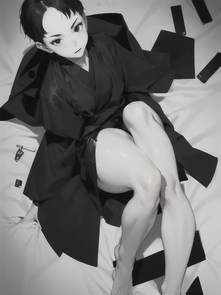 Girl with white skin. short haircut, black hair. black eyes. Long legs. Dressed in black underwear and a black translucent robe. There are a lot of notepads around her.. sly facial expression. 