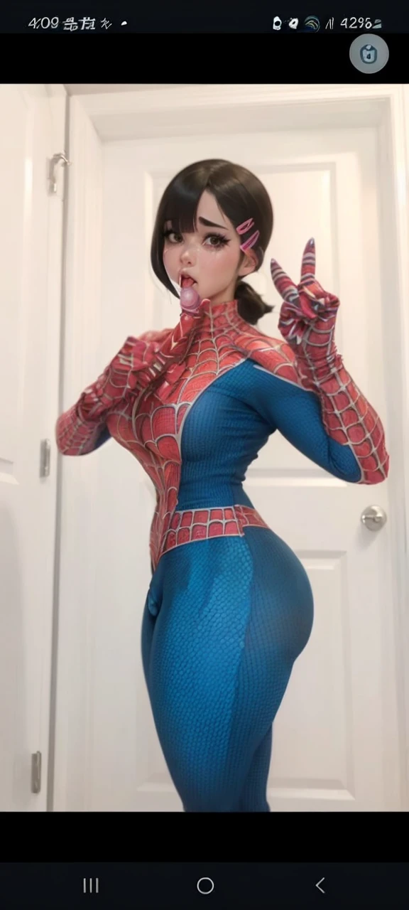 (((cute girl))) She has the face of Higashiyama Kobeni from the anime Chainsaw Man, wear a spiderman suit, voluptuous, big thighs, firm breasts, athletic, beautiful, shading in the eyes, (((She is sucking a penis with her mouth))), crying eyes, excited, scared, white makeup on her face.