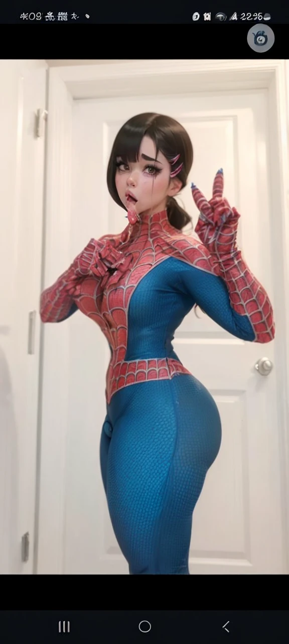 (((cute girl))) She has the face of Higashiyama Kobeni from the anime Chainsaw Man, wear a spiderman suit, voluptuous, big thighs, firm breasts, athletic, beautiful, shading in the eyes, (((She is sucking a penis with her mouth))), crying eyes, excited, scared, white makeup on her face.