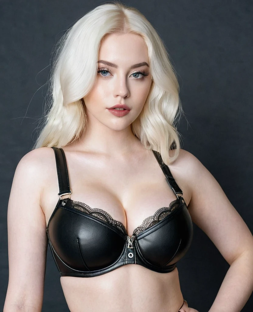 blonde woman in black leather bra posing for a photo, blond goddess, angelawhite, ava max, blond, amaranth, a gorgeous blond, perfect white haired girl, lacy, 18 years old, 22 years old, pale white skin, Kailee Mandel, 2 4 year old female model, very pale white skin, busty