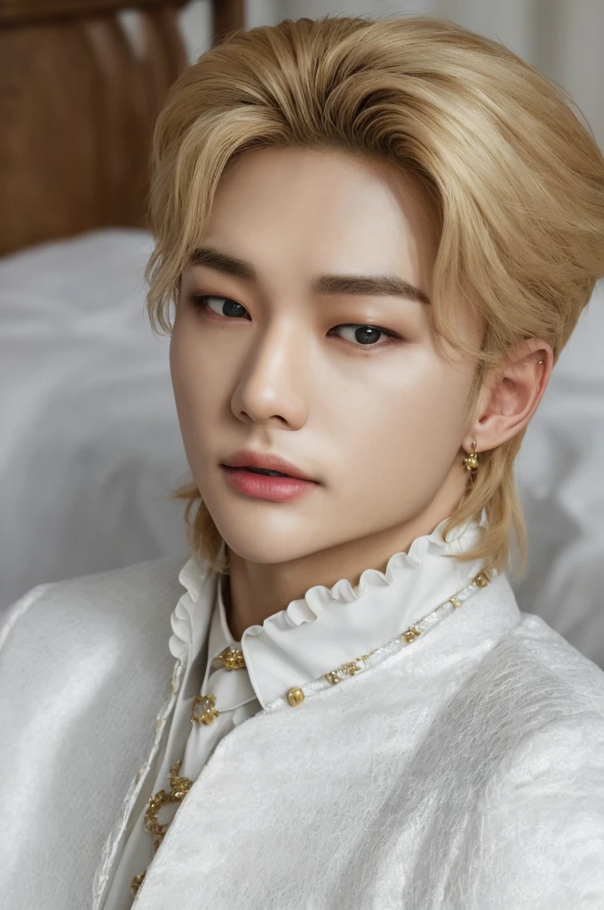 Hyunstayv2, frontal, sparkling, split lips, (blonde hair:1.2), white and gold royal prince clothing, ruffled outfit, (ultra realistic:1.2), (close-up photo:1.1), (bed background:1.2), (intricate:1.2), (looking at the viewer:1.2),
