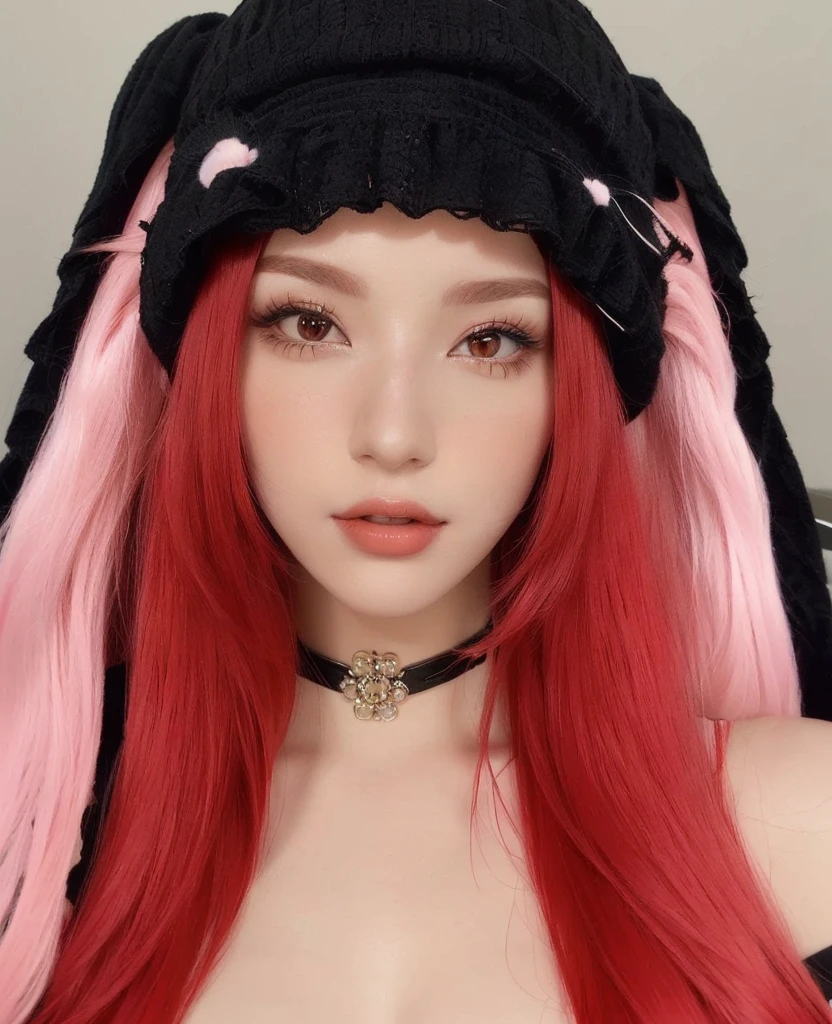 a close up of a woman with red hair wearing a black hat, red wig, with long floppy rabbit ears, pale red, with long red hair, ultrarealistic sweet bunny girl, pink and red color style, crimson red hair and red eyes, with red hair, with bunny ears, red dyed hair, black and red tones, Asian girl, Asian, Korean, Karina aespa
