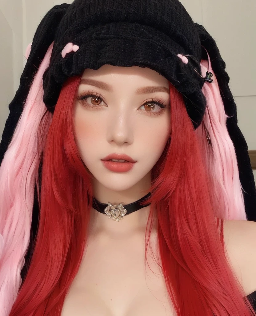 a close up of a woman with red hair wearing a black hat, red wig, with long floppy rabbit ears, pale red, with long red hair, ultrarealistic sweet bunny girl, pink and red color style, crimson red hair and red eyes, with red hair, with bunny ears, red dyed hair, black and red tones, Asian girl, Asian, Korean, Karina aespa