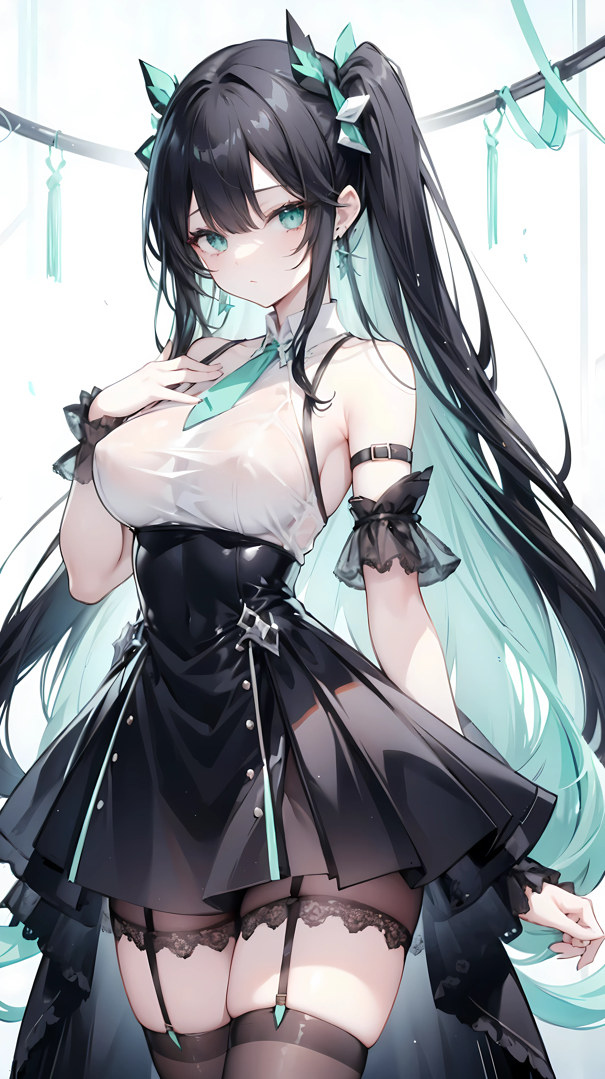 Long Black Hair、Half Up、Mint accents、Slanted Eyeint-colored eyeint colored earrings、Big Breasts、Shoulder Bare、Black clothes、See-through、Black Skirt、tights、garter belt