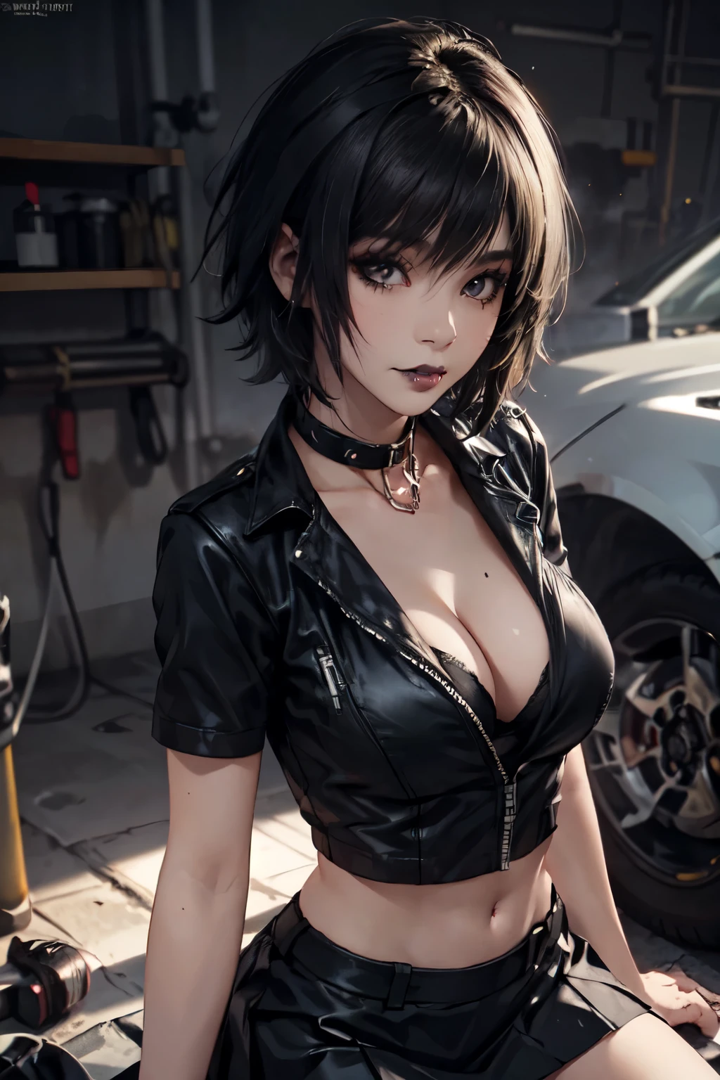 Girl, woman, emo_hairstyle, black lipstick, smocky eyes, dog collar, eyeliner, eye shadow, realistic lighting, short hair, short skirt. seductive look, Big breast, midriff. Cleavage. Mechanic, mechanic clothing, grease.