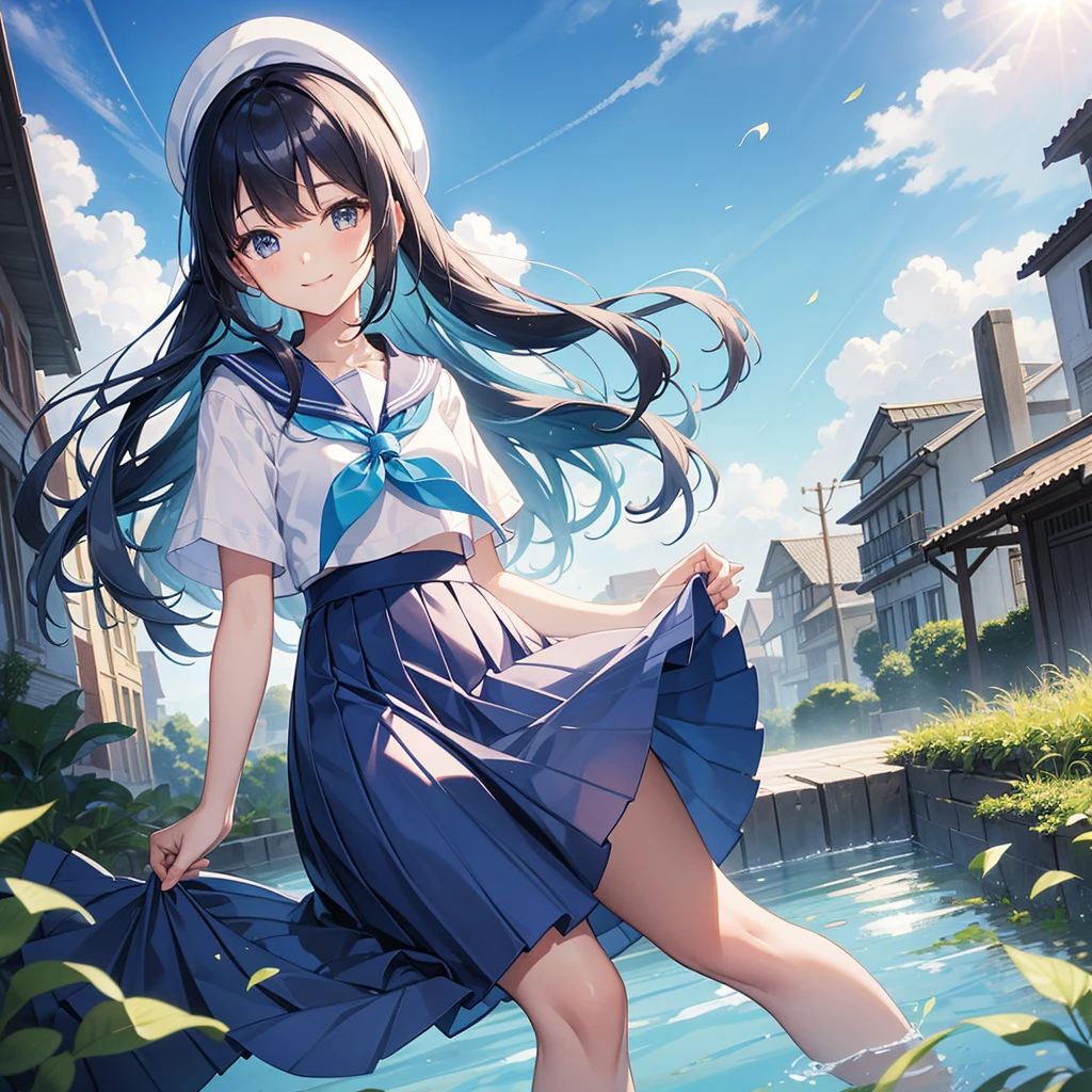 (masterpiece), town, blue sky, One Girl, smile, alone, Sailor suit、Long skirt, Overgrown, petal, plant、Skirt lining、Translucent slip、nostalgic