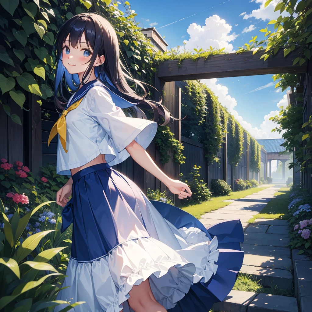 (masterpiece), town, blue sky, One Girl, smile, alone, Sailor suit、Long skirt, Overgrown, petal, plant、Skirt lining、Translucent slip、nostalgic