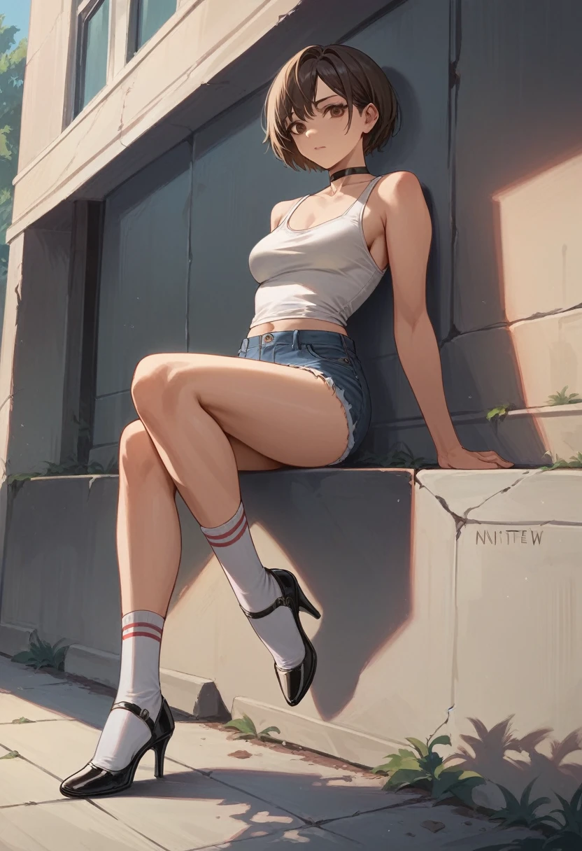 4k, (masterpiece), ((NSFW)), (adolescent), (medium breasts),1 girl, short hair, Brown eyes, white tank top, choker, denim shorts, socks, heels