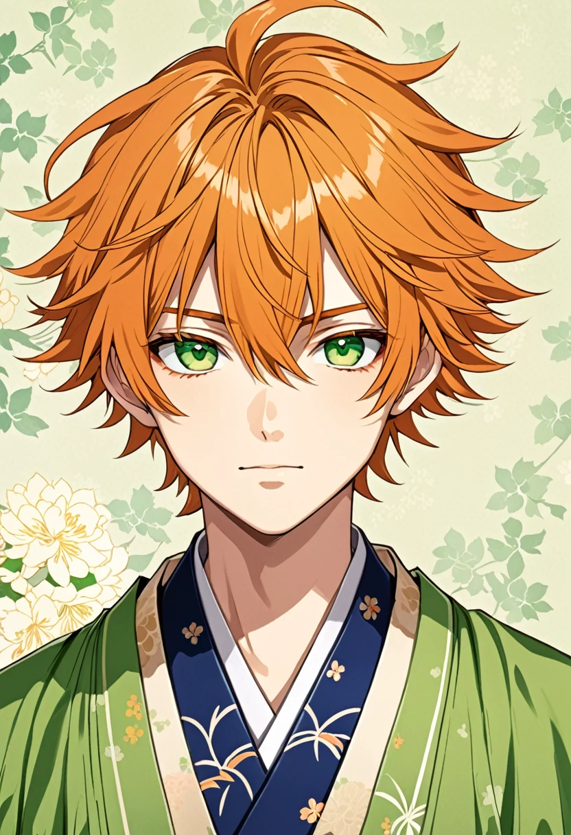 Anime boy, orange messy hair, fringe reparted in three parts, light and bright green eyes, vintage royal Japanese clothes