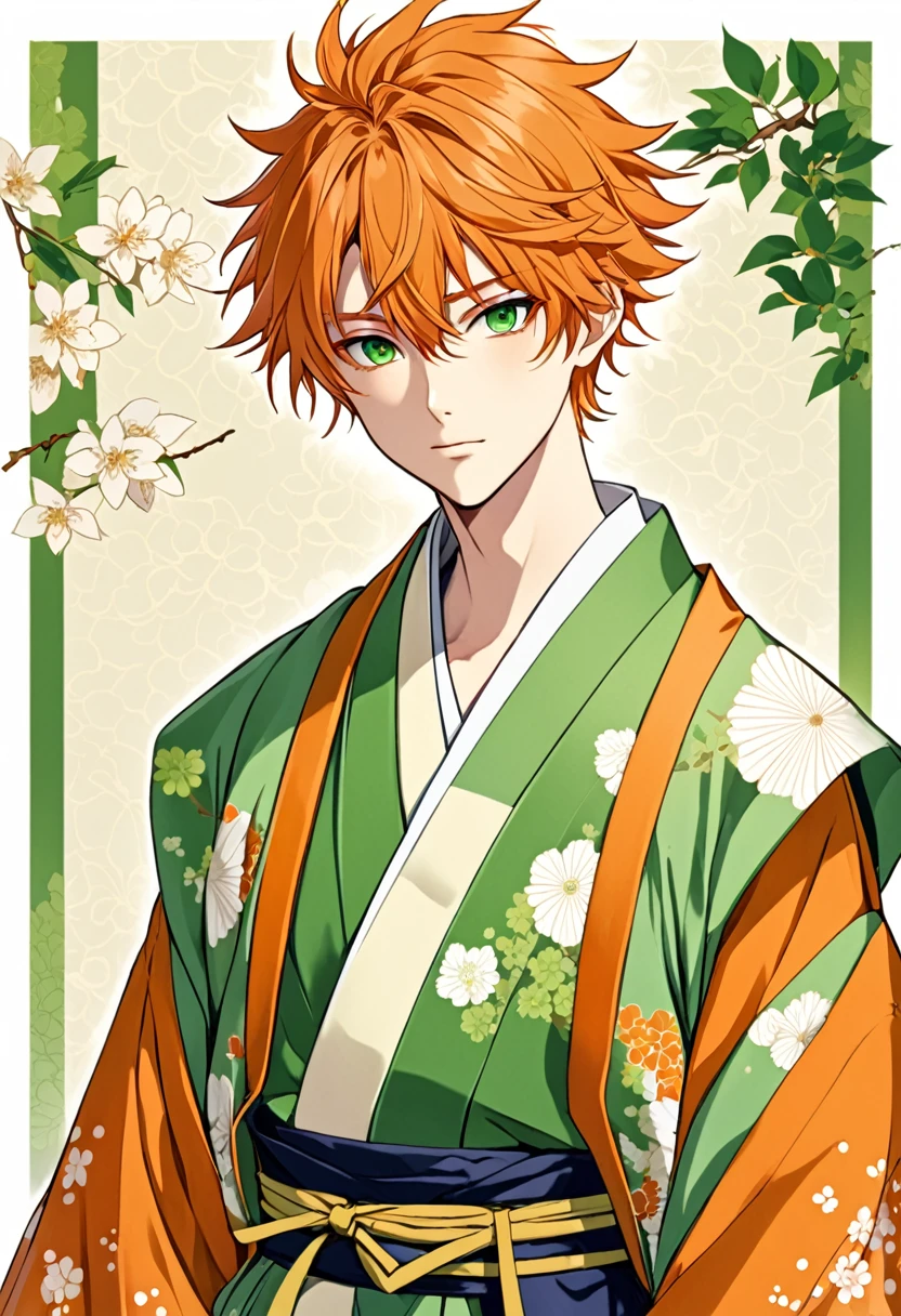 Anime boy, orange messy hair, fringe reparted in three parts, light and bright green eyes, vintage royal Japanese clothes