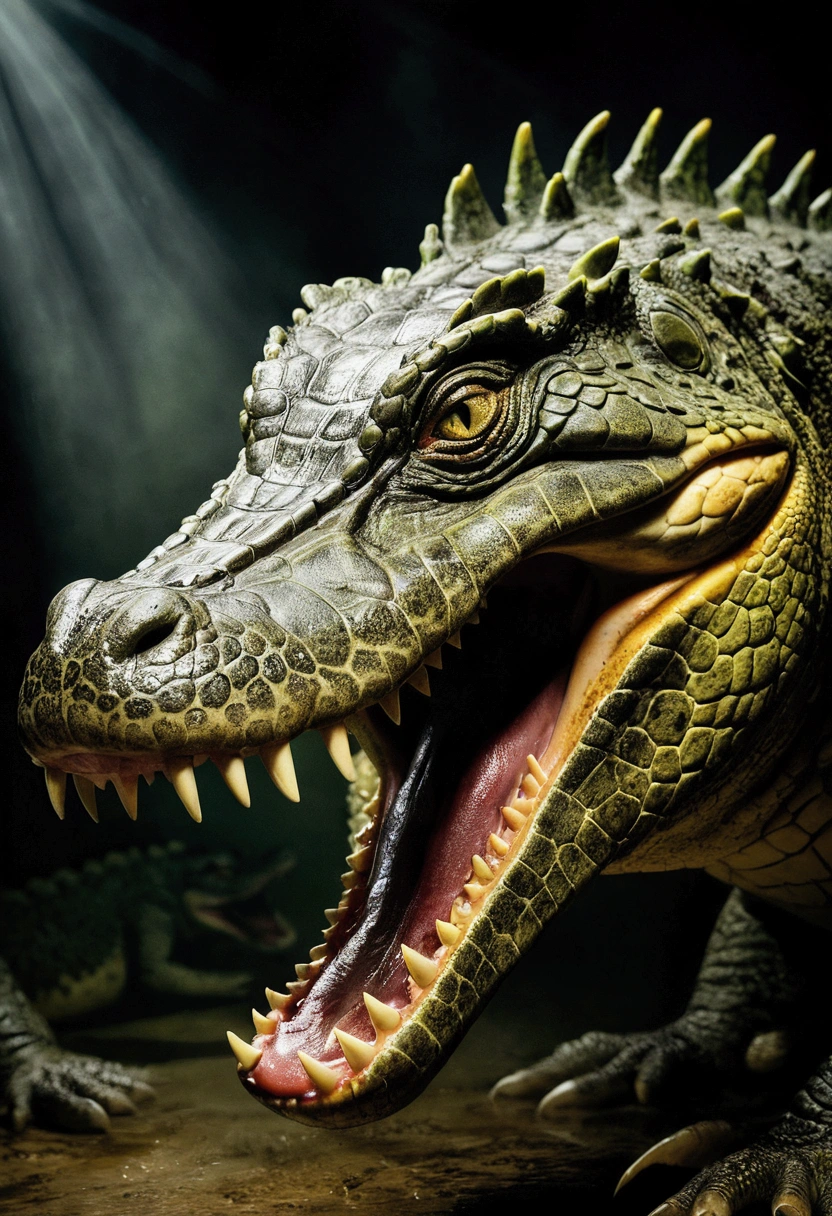 Crocodiles attack people, Dim Light, Realistic, Very detailed
