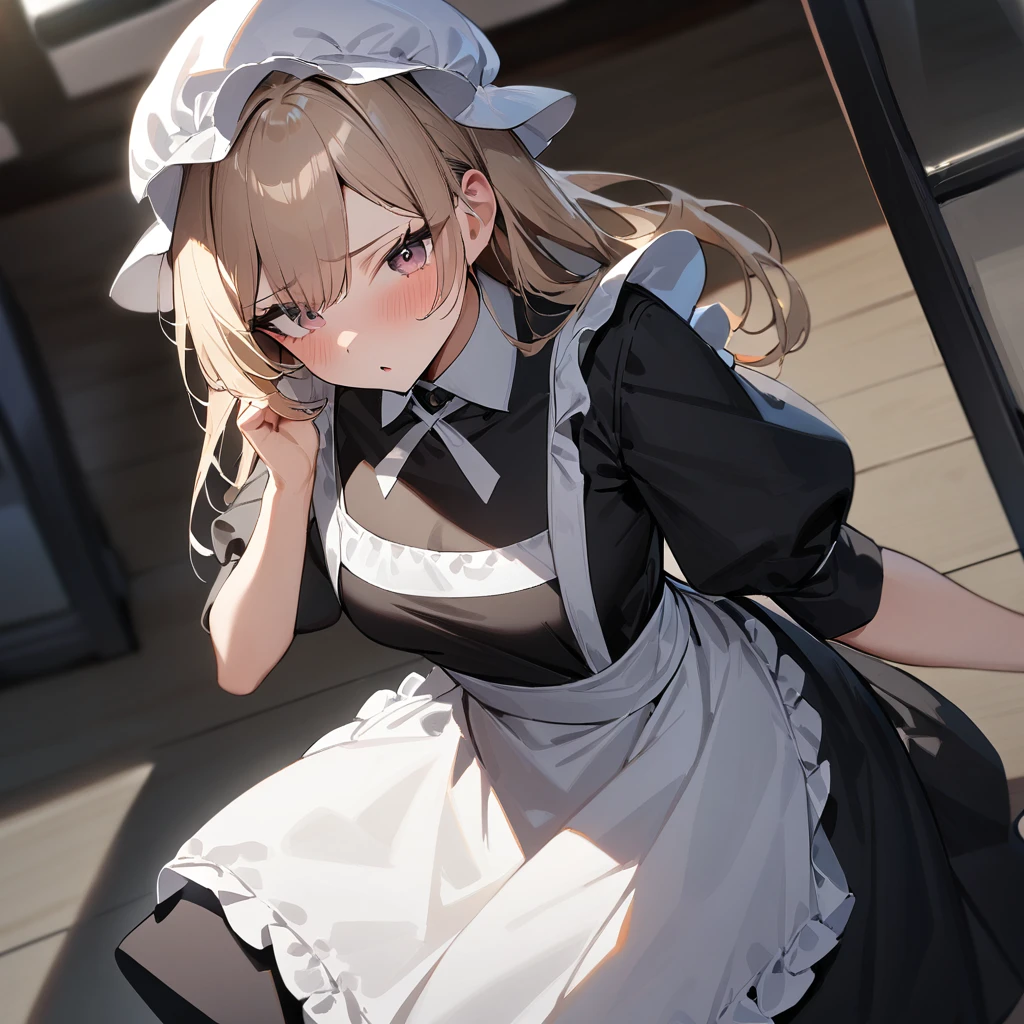 1 girl,blackdress,maidapron,mob cap,puffy_sleeves,masterpiece, best quality, very aesthetic, absurdres