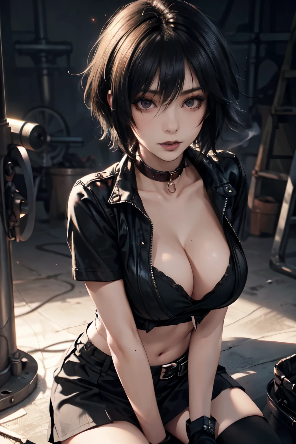 Girl, woman, emo_hairstyle, black lipstick, smocky eyes, dog collar, eyeliner, eye shadow, realistic lighting, short hair,  short skirt. seductive look, Big breast, midriff. Cleavage. Mechanic, mechanic clothing, grease.