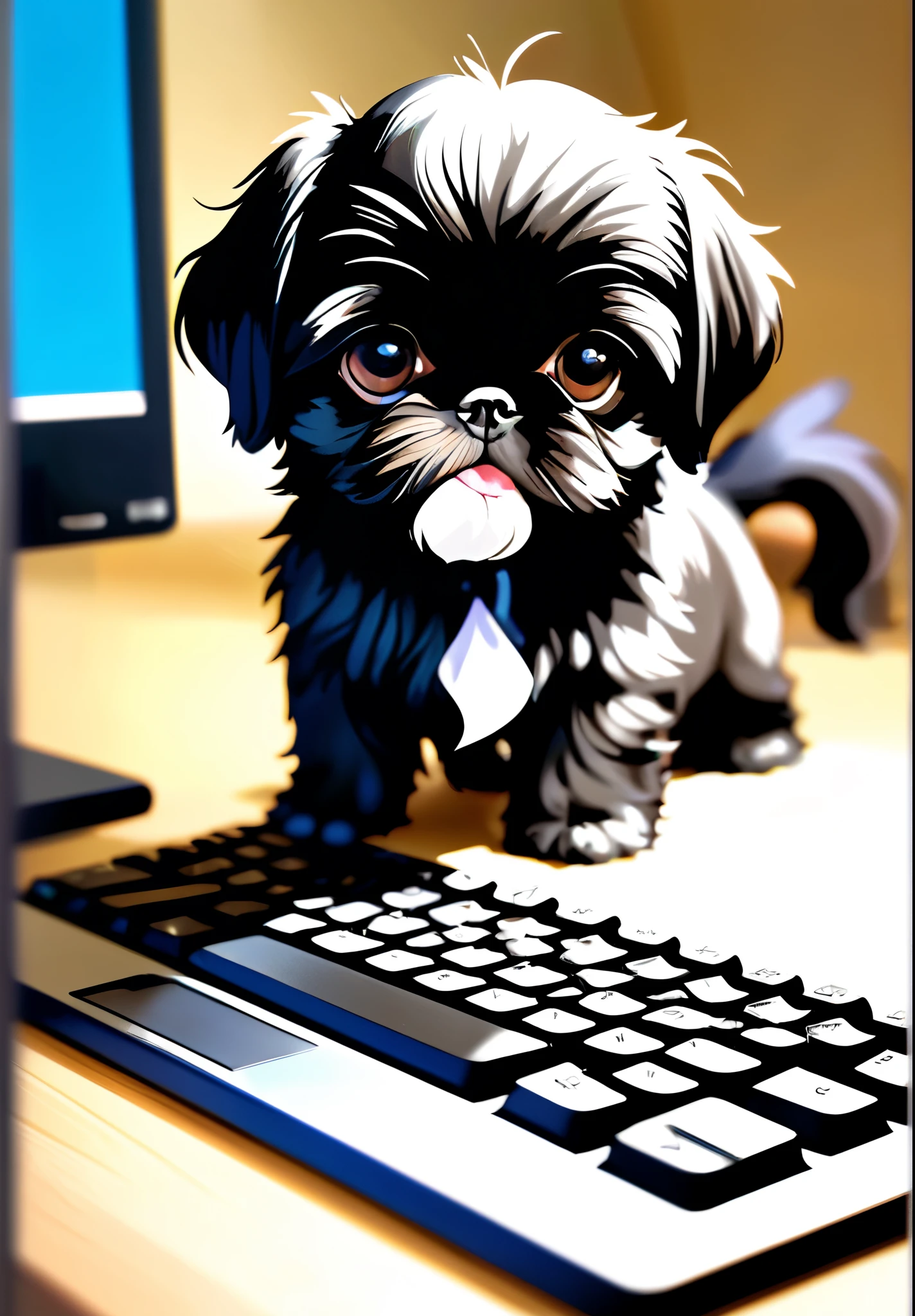 Cute black shih tzu puppies, pressing types in a keyboard pc, and error on the screen, dinamic angle, atmospheric, movie, pro