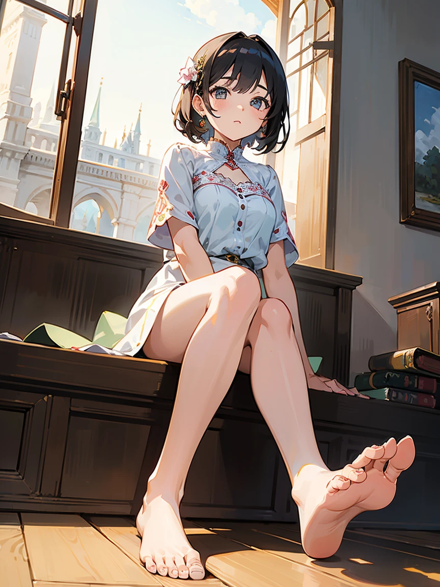 (masterpiece, UHD, detailed illustration) 1girl,solo,bare foot,feet focus,sitting