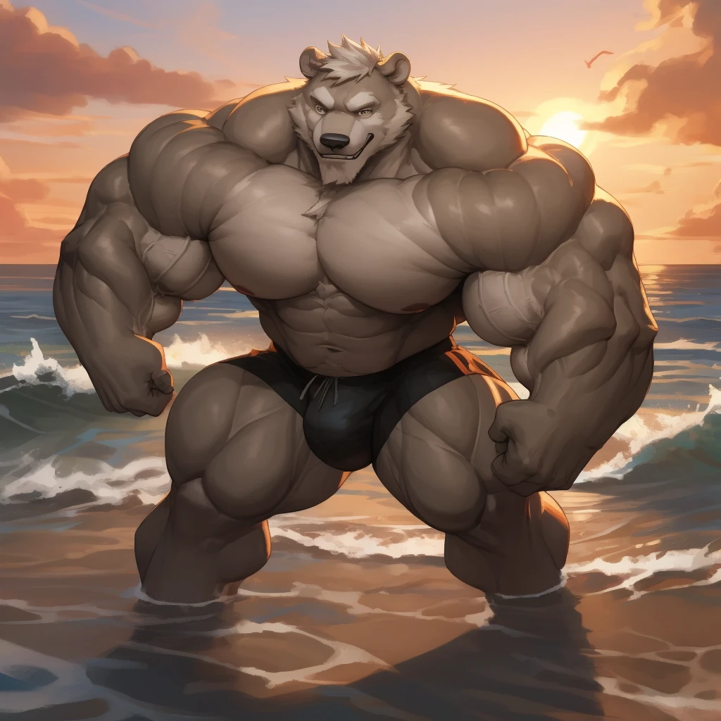masterpiece, 8k, Hight detailed, a white polar bear standing in beach, sea, wave, huge and muscular, old polar bear, sunset, twilight, swim shorts, bulge, white hair, white Beard, huge white fur, wearing black swim shorts, bearded white, smirking expression, facial hair, (view (full body)) detailed face, face, detailed eyes, eyes, really big muscle, bigger muscle, huge thick fur, thick white fur,very big muscular, over sized muscle, biggest muscle, big pec muscular, biggest pec muscle, detailed muscle, realistic rendering, CG realistic, 3d realistic, photography, background